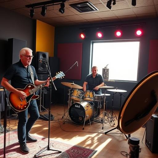 Foto da banda de rock 'Tempestade Sonora' durante uma sessão de gravaäão no Onda Sonora Estüdio.