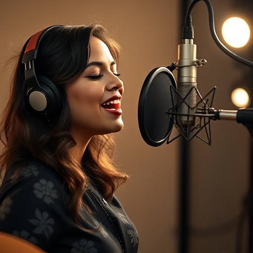 Foto da cantora de MPB, Ana Flores, cantando ao microfone no estüdio durante a gravaäão de seu novo single.