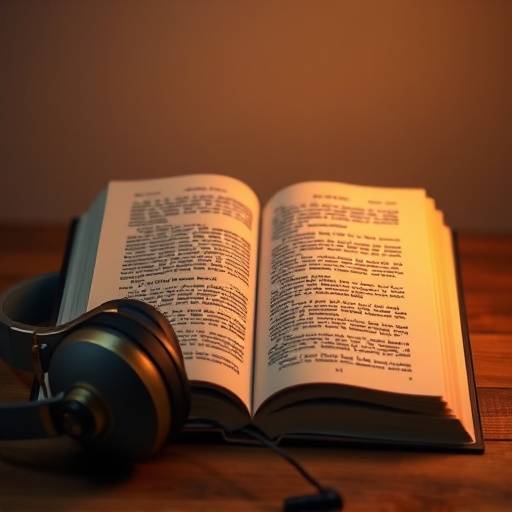 Imagem de um livro aberto com fones de ouvido ao lado, simbolizando um audiolivro.